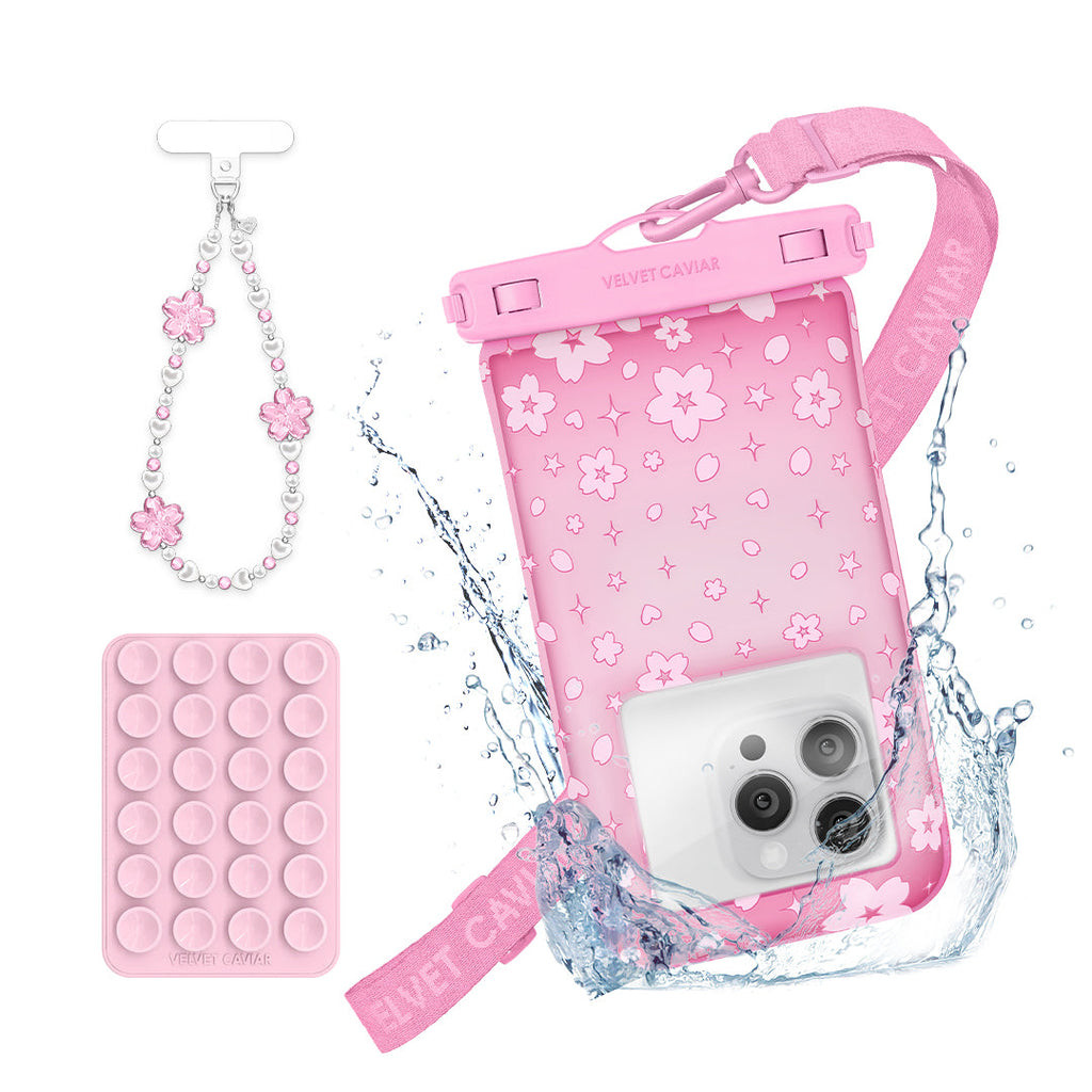 Pink Cherry Blossom Waterproof Floating Phone Pouch Bundle