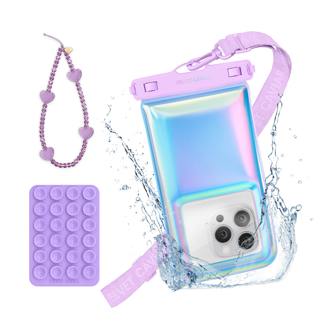 Lavender Holo Waterproof Floating Phone Pouch Bundle